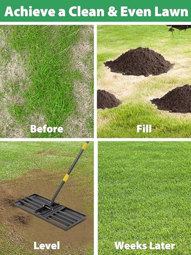 Lawn Leveling Rake Heavy Duty, 30x10 in Large Soil Leveling Rake, Ground Leveler with Anti Flipping Smooth Edge for Dirt Sand Grass Golf, 58" Long Handle, Foldable Garden Landscaping Levelawn Tools - size: 30"x10" , 5 ft
