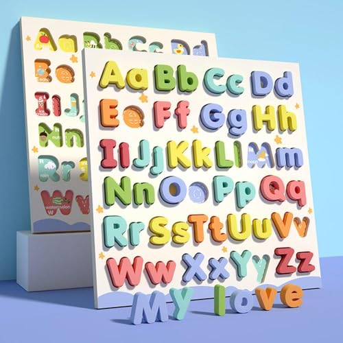 Alphabet Puzzles for Toddlers, ABC Puzzle Toys Wooden Montessori Early Learning Board Preschool Educational Easter Gift for Girls Boys Kids Ages 3+