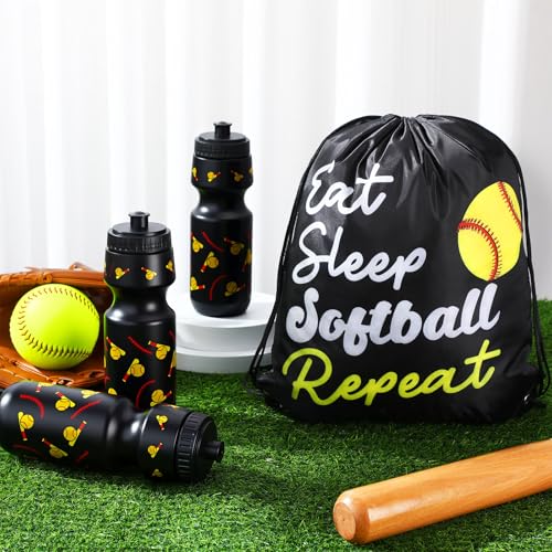 Reallnaive Party Favors Gifts, 24 oz Water Bottles Reusable Sport Squeeze Drinking Cup, Eat Sleep Drawstring Bag Cinch Sack Sport Pack for School Team Gift Event Accessories - style: Softball