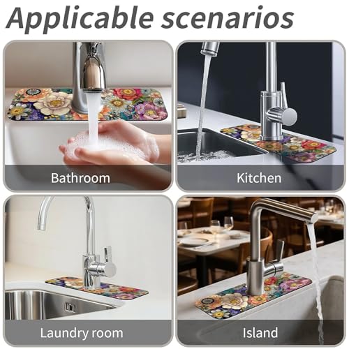 Kitchen Sink Splash Guard Flowers In 1 Faucet Mat Sink Gadgets Super Absorbent Fast Drying Mat Drip Catcher For Kitchen Bathroom Sink Mat Dish Drying Mat Bathroom 15" X 5.5" - color: Flowers in various colors-1