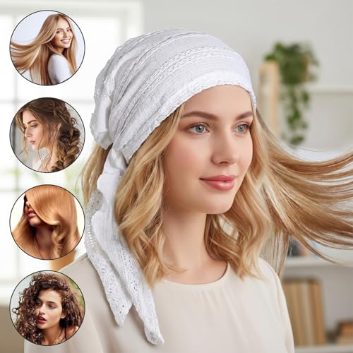 Women Slip-On Pre-Tied Beanie Headwear, Turban Covering Wrap Beanie Caps Headscarf, Stretchy Elastic Band Headwrap - color: White