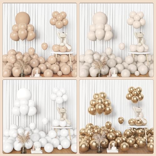 Amandir 153피스 화이트 샌드 풍선 가랜드 아치 키트 다양한 사이즈 45.7cm(18인치), 30.5cm(12인치), 25.4cm(10인치), 12.7cm(5인치), 베이지 크림 샴페인 골드 라텍스 메탈릭 색종이 조각 풍선 세례 보헤미안 뉴트럴 샤워 생일 파티 장식 - color: 화이트.