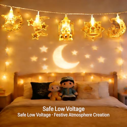 Ramadan String Lights 20FT 40 LED, 5 Mixed Styles (Moon/Star/Mosque/Lantern) Warm White Battery Operated, 2 Modes (Steady/Flash) for Eid Al-Fitr Yoga Meditation Ambience