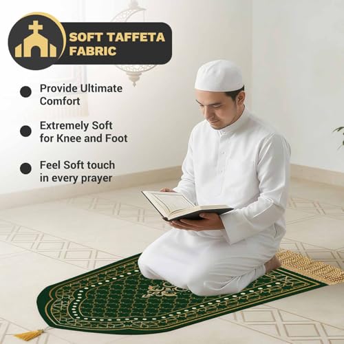 Muslim Prayer Mat Set, 4 PCS Soft Portable Islamic Prayer Rug - color: Green