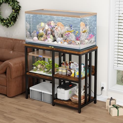 Heavy Duty 40-50 Gallon Aquarium Stand with Power Outlets, 3-Tier Adjustable Metal Fish Tank Stand with Storage Shelf for 5-10 Gallon Tanks, Reptile Terrariums & Supplies Organizer, 720LBS Capacity - color: Black + Brown
