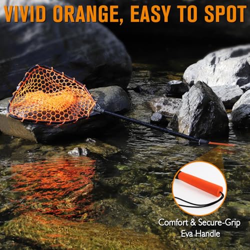 Rubber Fishing Landing Nets Telescopic Handle Nets Folding Nets with Collapsible Handle for Catch & Release Fishing Gift 17.6" dia-13.7" Depth Black/Orange - color: Orange