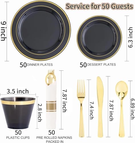 350 Pieces Black and Gold Plastic Plates with Disposable Silverware, Include 50 Dinner Plates 9”, 50 Dessert Plates 6.3”, 50 Black Cups 9 OZ, 50 Pre Rolled Napkins for Wedding/Party/Birthday - color: Black - Modern, size: 350