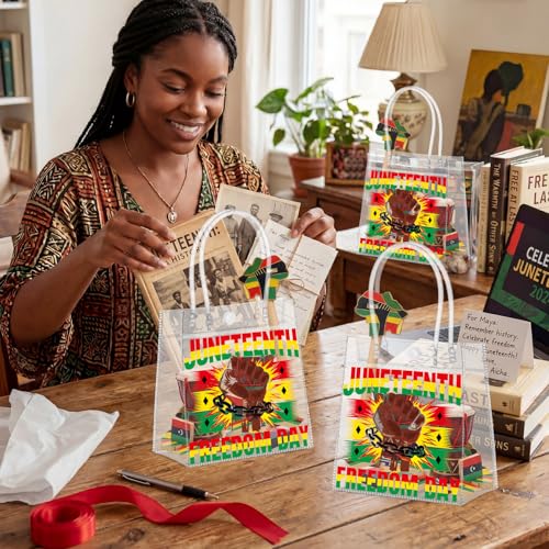 Aliceset 24 Pcs Juneteenth Clear Gift Bags with Handle for Freedom Day Party, African American June 19th Celebration Favor Goodie Bags, 6.31" x 5.91" x 3.15" - style: Juneteenth