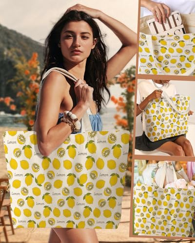 Miss Adola Large Tote Bag for Women - Canvas Tote Bag with Zipper Aesthetic Reusable Shoulder Bag for Gym, Travel, Work - style: Greenleaf Lemon