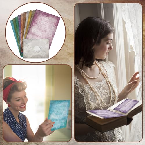 TaoBary 160 Pcs Stationery Paper Set 50 Double Sided Stationery Papers with 50 Matching Envelopes and 60 Round Dot Sticker, 10 Design (Vintage,8.25 x 5.5 Inch) - size: 8.25 x 5.5 Inch, style: Vintage