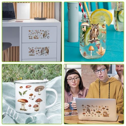 arricraft 10 Pcs Colorful Owl Theme Cup Printing UV Transfer Papers, 10 Styles Mushrooms Leaves Pine Cones Feathers UV DTF Cup Wrap Stickers for 16 OZ Glass Cups Crafts 9.5x4.3inch - style: Colorful Owl Theme