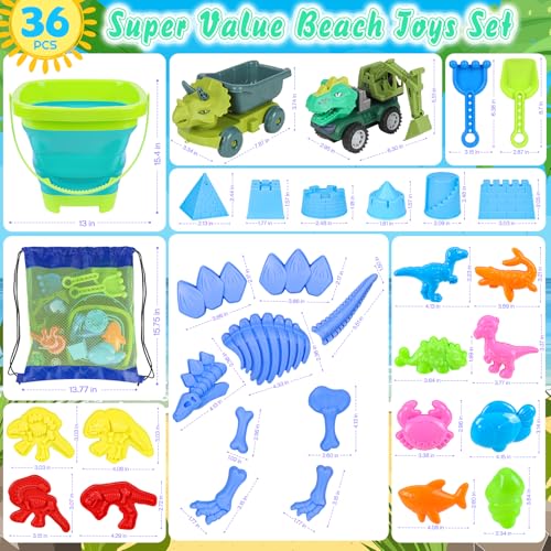 FUSPWEAO Beach Toys with 2 Trucks, Collapsible Bucket for Kids Ages 3-12 | Dinosaur Sand Play Set with Sand Molds, Travel Mesh Bags for Sandbox, Summer Beach Games, Backyard, Multi-Scene Outdoor Fun