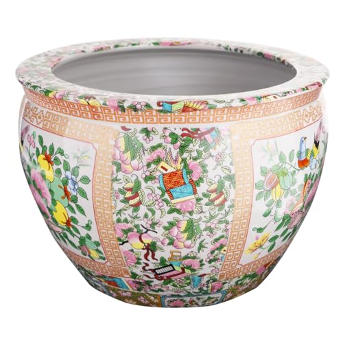 Rose Medallion Asian Fishbowl Cachepot Planter for Indoor or Outdoor Garden