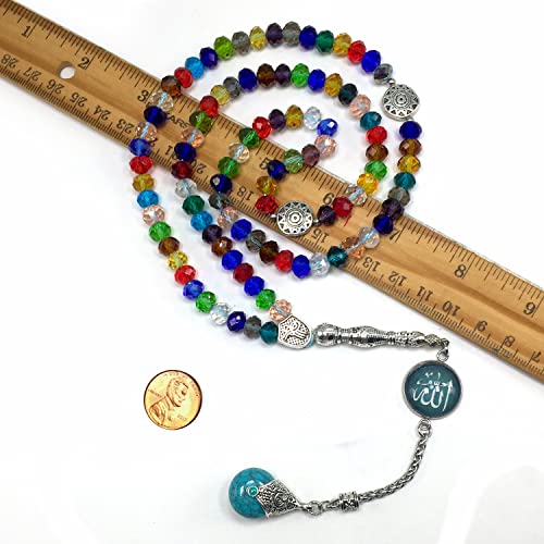 Special for Women Muslim Prayer Beads, Tesbih-Tasbih-Tasbeeh-Misbaha-Masbaha-Subha-Sebha-Sibha-Worry Beads (Multicolor Crystal - 6x8 mm 99 Beads & Allah Tassel)
