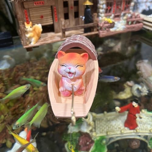Floating Aquarium Decor, Resin Fishing Cat Fish Tank Decorations, Floating Boat Fish Tank Landscape Decoration, Cute Little Cat Aquarium Decoration for Betta,Guppy and Shrimp