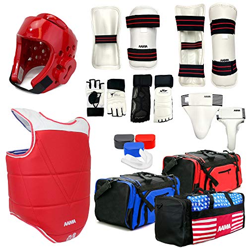 AAMA Complete Taekwondo Sparring Protective Gear Equipment Set - Customizable - color: SET A Red (Shin + Hand + Foot)