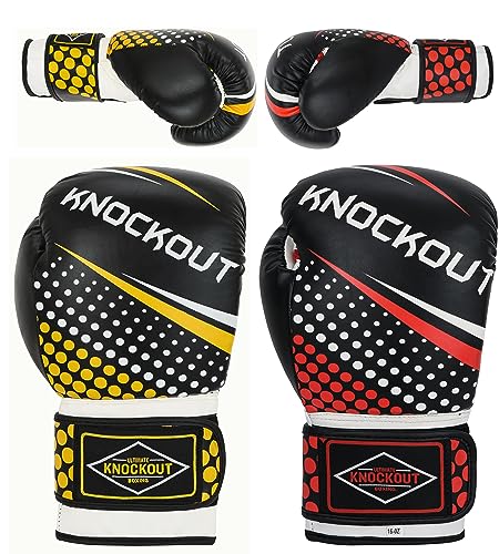Boxing Gloves & Muay Thai Shin Guards for Men and Women, MMA Kickboxing Shin Pads Set, Adjustable Shin Guards with Instep Protection, Sparring & Martial Arts Training Gear - color: Black-Red/Black-Yellow, size: 12 oz