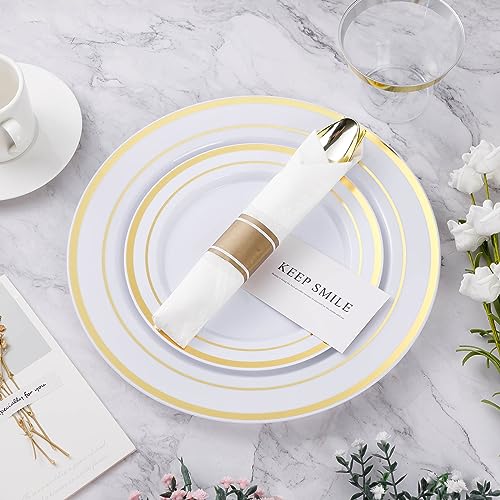 BESTVIP 350PCS Gold Plastic Dinnerware Set, Disposable Party Plates for 50 Guests, Include: 100 Plastic Plates, 50 Pre Rolled Napkins with Gold Silverware, 50 Cups - color: Gold, size: 50 Guests