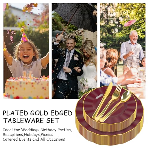 150Pcs Plastic Plates with Gold Rim, Heavy Duty Burgundy Plates for 30 Guests, Plastic Dinnerware Set Include 30 Dinner Plate, 30 Dessert Plate, 90 Gold Cutlery Set for Party (Burgundy) - color: Burgundy