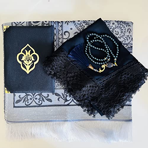 Muslim Prayer Rug, Yaseen Surah Pocket-Size Book, Fancy Shawl & Prayer Beads, Perfect Islamic Gift I Mawlid Gift I Suitable for Women, Kids I Soft Islamic Mat | Islamic Ramadan Eid Gifts (Blue) - color: Blue