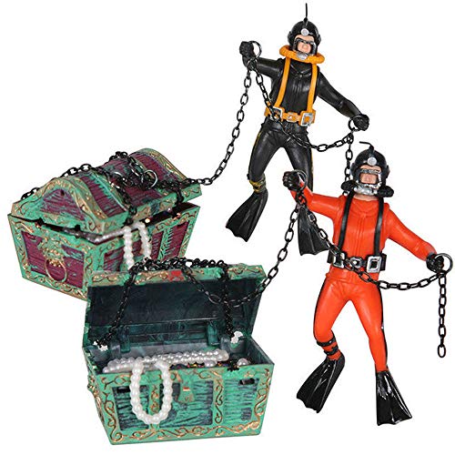 Fish Tank Decor Creative Air Pump Connecting Diver Treasure Hunter Treasure Box Aquarium Decoration(Black)