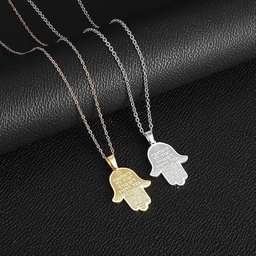 Jewish Hamsa Hand Hebrew Text Pendant Chain Necklace for Women | Hamsa hand engraved with hebrew text & star of david, symbolizes protection, ideal birthday holiday gift jewelry for women - color: silvery