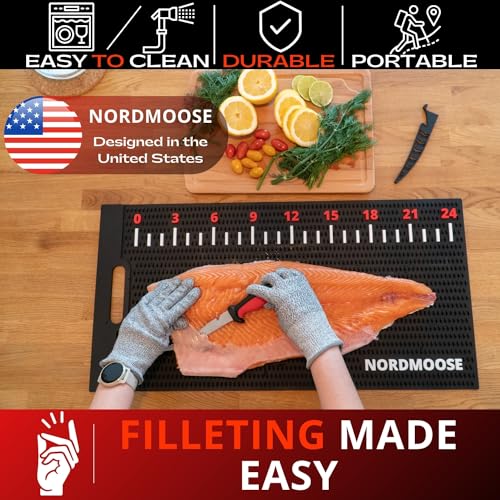 Fish Fillet Mat with Storage Bag and Fish Ruler Decal. Large 28""x14"" Nonslip Fish Cleaning Mat that Grips the Fish - Durable & Easy to Clean, Portable Fish Cutting Board, Black