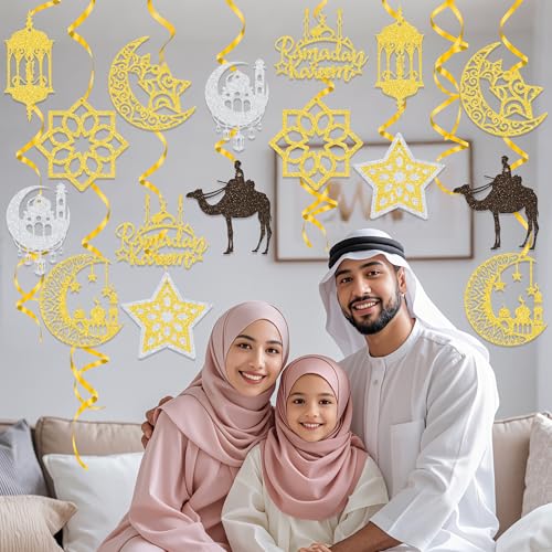 38PCS Ramadan Mubarak Decorations Umrah Mubarak Hang Swirl Star Moon Lantern Decor Sign for Eid Festival Muslim Islam Party Decoration Supplies