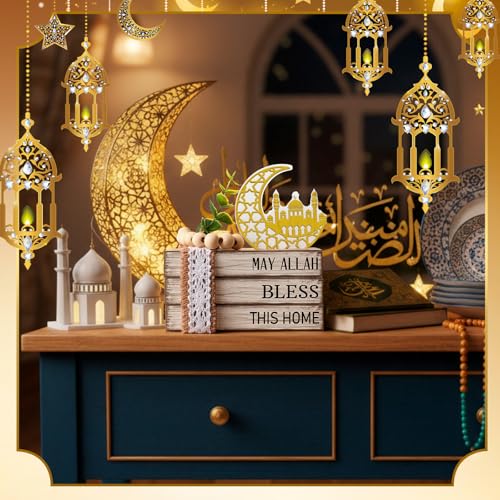 Eid Mubarak Decorations for Home Ramadan Decorations Wood Ramadan Mubarak Table Sign Golden Moon Eid Tiered Tray Sign for Islamic Muslim Table Indoor Shelf Office Gifts - style: Eid Mubarak