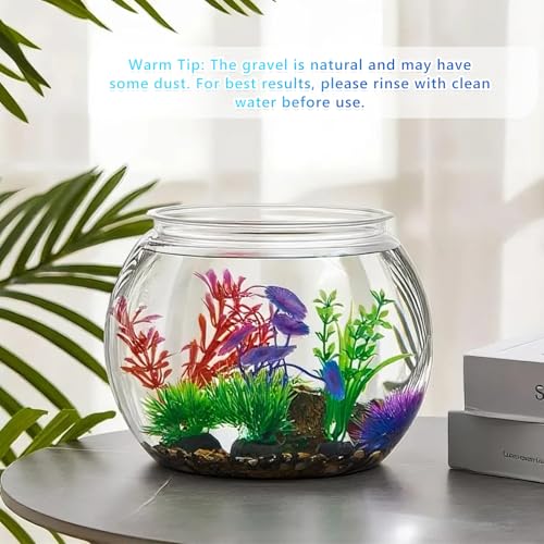 1 Gallon Plastic Betta Fish Bowl with 6 Pcs Artificial Plastic Plants and 500g Decorative Gravel, Betta Fish Tank and Decoration Accessories Small Large Bowl Ornaments Starter Kit - size: 1 Gallon