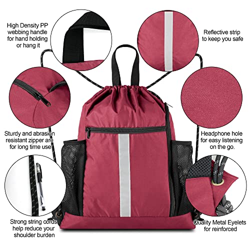 BeeGreen Gym Sack Drawstring Bag Sports String Backpack with Shoe Compartment and Two Water Bottle Holder for Unisex Men Women Heavy Duty Cinch Sackpack - color: Maroon, style: Drawstring With Shoe Compartment