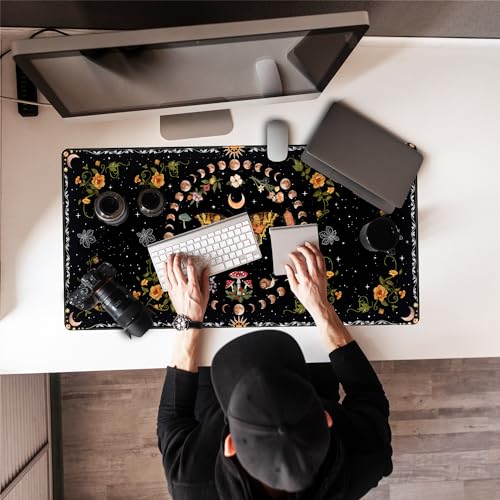Moth Desk Pad Mushroom Phase Moon Phase Desk Mat, Boho Flowers and Leaves Computer Big Mouse Pad Washable Cloth Non-Slip Rubber Base Keyboard Pad Mouse Mat for Office with Stitched Eges 31.5x15.7 in - color: Black Butterfly Moon