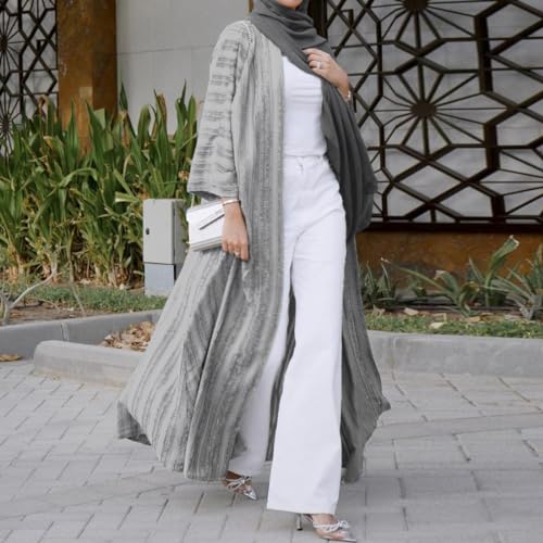 Front Open Abayas for Women Muslim with Hijab Scarf Islamic Prayer Clothes Long Sleeve Muslim Cardigan Dress Dubai Cardi Robe - color: Grey, size: Small