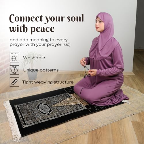 Kaaba Door Islamic Prayer Rug, Embroidered Velvet Janamaz Sajadah - color: Black Kaaba Wall