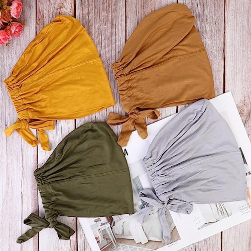 PHOGARY 4 Pcs Women Hijab Undercap, Islamic Muslim Under Hijab Cap Inner Under Scarf Hat Turban with Tie Back Closure - color: Turmeric, Earthy Yellow, Olive Green, Light Gray