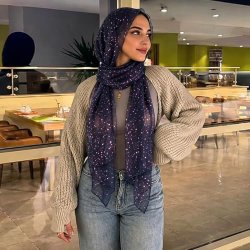 Sequin Scarf for Women Lightweight Mesh Shawl Wrap Bandana Hijab Headscarf for Summer Evening Dress - color: Navy