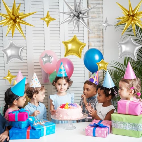 Gold Silver Star Balloons,16Pcs 22/18/10 Inch Foil Birthday Wedding Decor - color: Gold Silver
