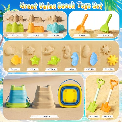 Beach Toys for Kids,Travel Sand Toys Beach Essentials for Kids Age 3-10 | Sand Castle Building Kit with 2 Collapsible Bucket,2 Long Beach Shovels,Sand Molds,Mesh Bag Sandbox Toys for Boys Girls