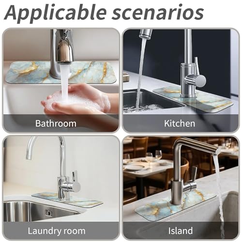 Kitchen Sink Splash Guard,Blue, white and gold marble-1 Faucet Mat Sink Gadgets-Super Absorbent Fast Drying Mat Drip Catcher for Kitchen, Bathroom,Sink Mat, Dish Drying Mat, Bathroom(15" X 5.5" ) - color: Blue, white and gold marble-1