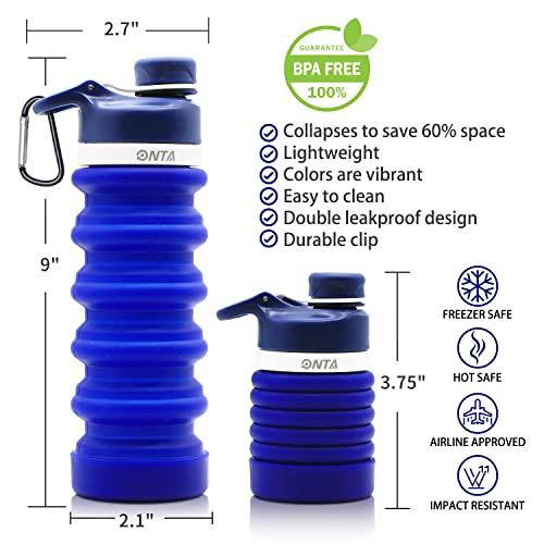 ONTA Collapsible BPA Free Silicone Water Bottle, 20oz - Portable, Leakproof, Easy Clean, Shatter Resistant, Travel Friendly - color: Darkblue, size: 18.6 Ounces