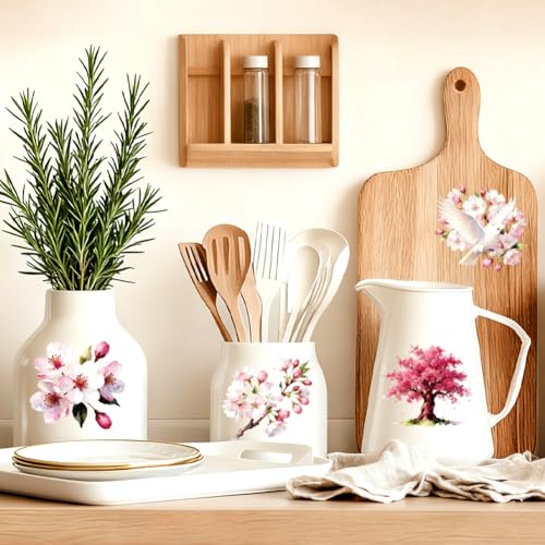 Peacoblue Cherry Blossom Rub On Transfers for Craft, Transfer Sticker | 18 Sheets UV DTF Transfers, Waterproof Rub On Decals for Wood, Glass, Furniture, Tumblers & Home Decor Crafts - style: Cherry Blossom