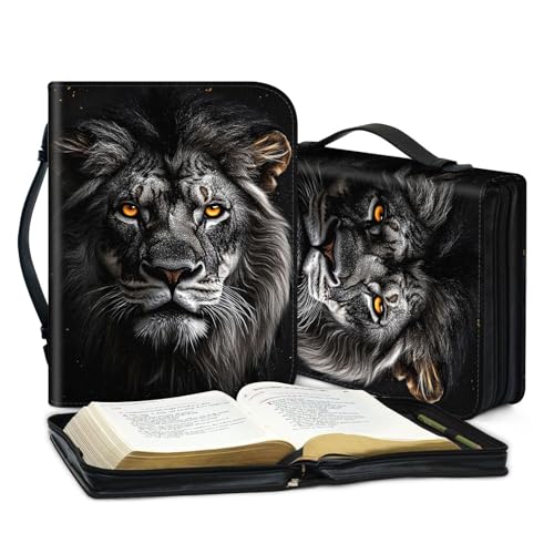PU Leather Bible Cover with Handle & Pockets, Large Capacity Bible Case, Water-Resistant Scripture Organizer Bag with Bonus Card Holder, Christian Gift for Women & Men, Lion - color: Lion