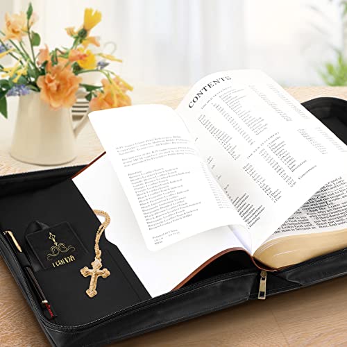 FINPAC Large Classic Bible Cover Vegan Leather Carrying Book Case Church Bag Bible Protective with Handle, Gift for Men, Women, Father, Mother, Friends, Black w/Hot Stamping - color: Black and Brown