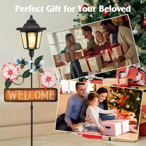 Lewondr Solar Garden Lights Bee, 37.4 Inch Solar Lamp Post Light with Welcome Sign & Bees, Outdoor Waterproof Solar Stake Lights for Yard Porch Patio Pathway Gardening Gifts, 2 Pack - style: Pink Flowers & Bees