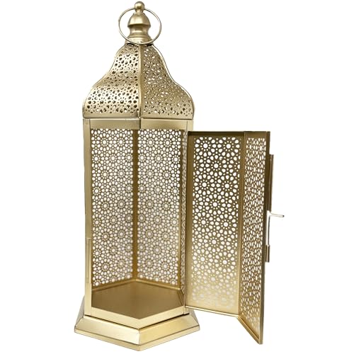 VELA LANTERNS 16" Champagne Gold Moroccan Decorative Candle Lantern – Metal Hexagon Lantern for Table or Hanging, Ramadan Turkish Islamic Decor, Wedding Centerpiece, Indoor Home Patio Lighting