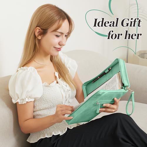 Leather Bible Cover for Women, Zippered Floral Case with Handle, Green | Bible Study, Church, Journaling & Travel - color: Sage Green