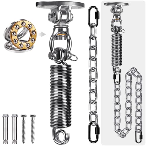 SELEWARE Hammock Chair Hanging Kit, Bearing Swing Hooks w/Spring & Chain | Stainless Steel 360° Swivel Swing Hanger, Ceiling Mount for Hanging Indoor Outdoor Swing Hammock Chair Yoga Silk Punching Bag - color: Bearing Swing Hanger With Chain & Straight Sp
