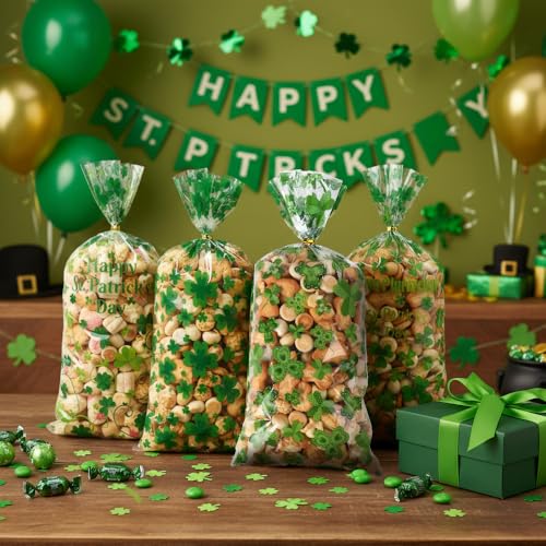 eowqeiur 100 PCS St Patricks Day Treat Bags(5x11 Inch) Green Shanrock Cellophane Bags for Cookie Candy Goodie Goody Snack Gifts Wrap Clover Spring Baggies Pouch St Patricks Party Favors Supplies - color: 100 St Patrick bags