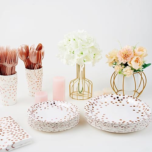 White and Rose Gold Party Supplies - 350 PCS Disposable Dinnerware Set - White Paper Plates Napkins Cups, Gold Plastic Forks Knives Spoon for Graduation, Birthday, Thanksgiving, Cocktail Party - color: White & Rose Gold