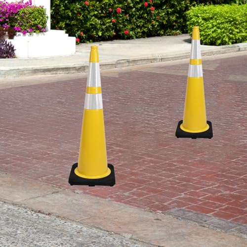 8 Pack 36 Inch Yellow Traffic Cones with Reflective Strips, Large Black Base Safety Cones for Industrial Sites, Warehouses and Emergency Marking (8, Yellow, 36 Inch) - color: Yellow, size: 36 Inch